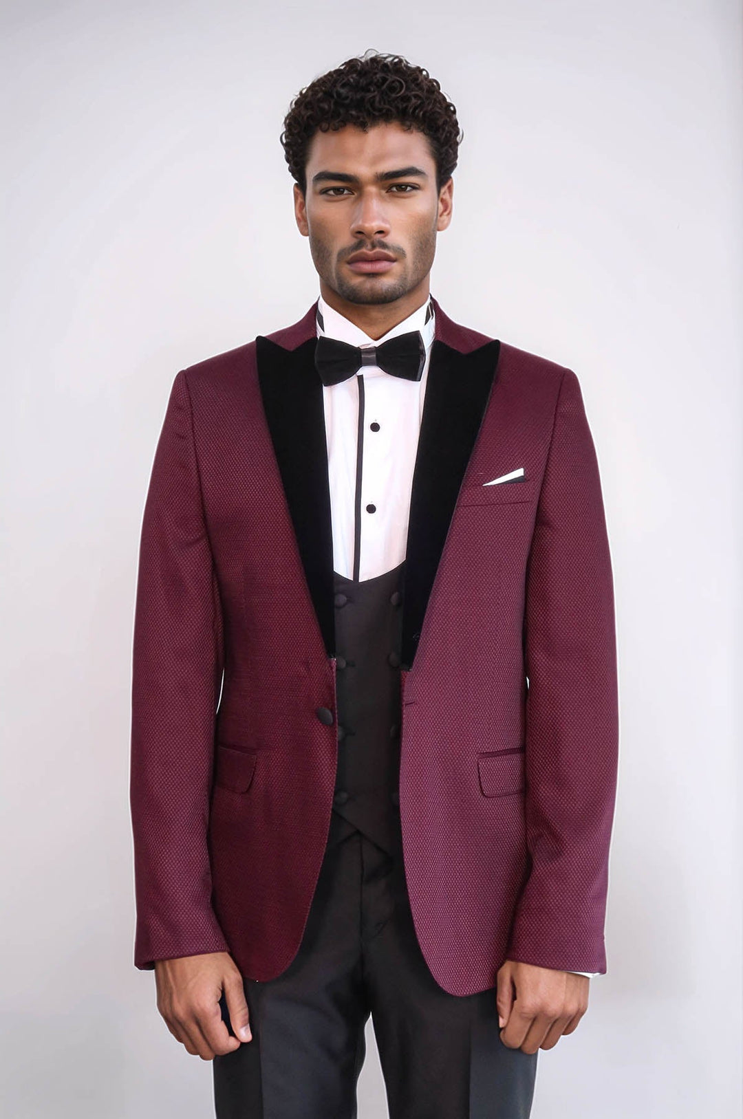 WSS Patterned Blazer Plain Vest and Trousers Claret Red Tuxedo  - Burke