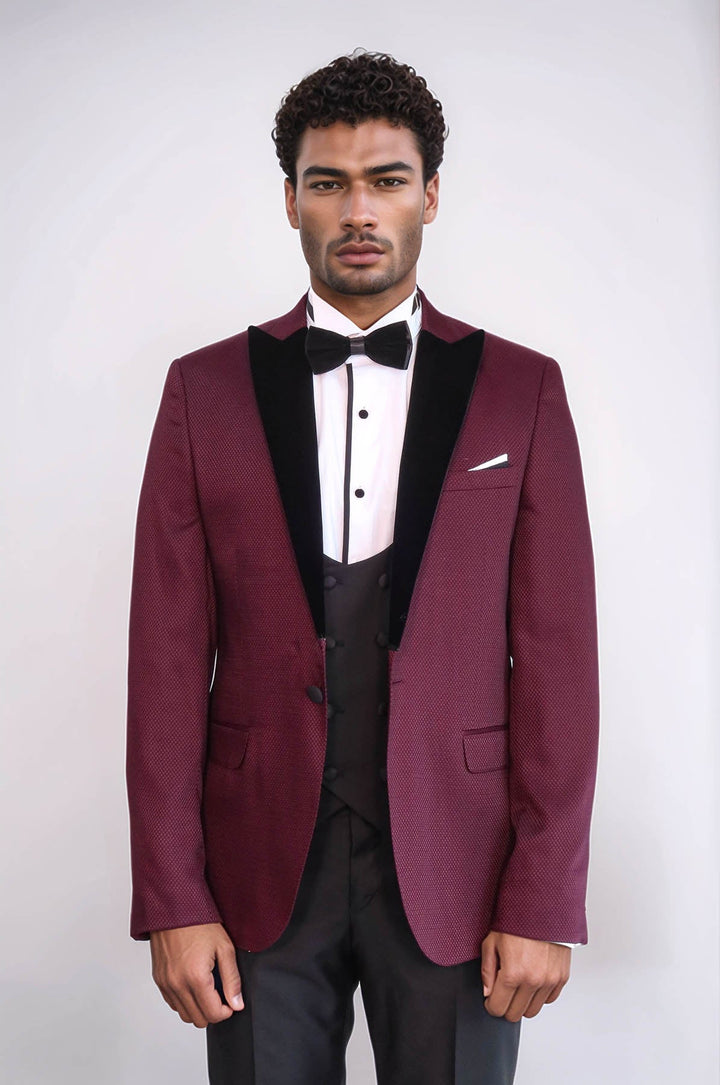 WSS Patterned Blazer Plain Vest and Trousers Claret Red Tuxedo  - Burke