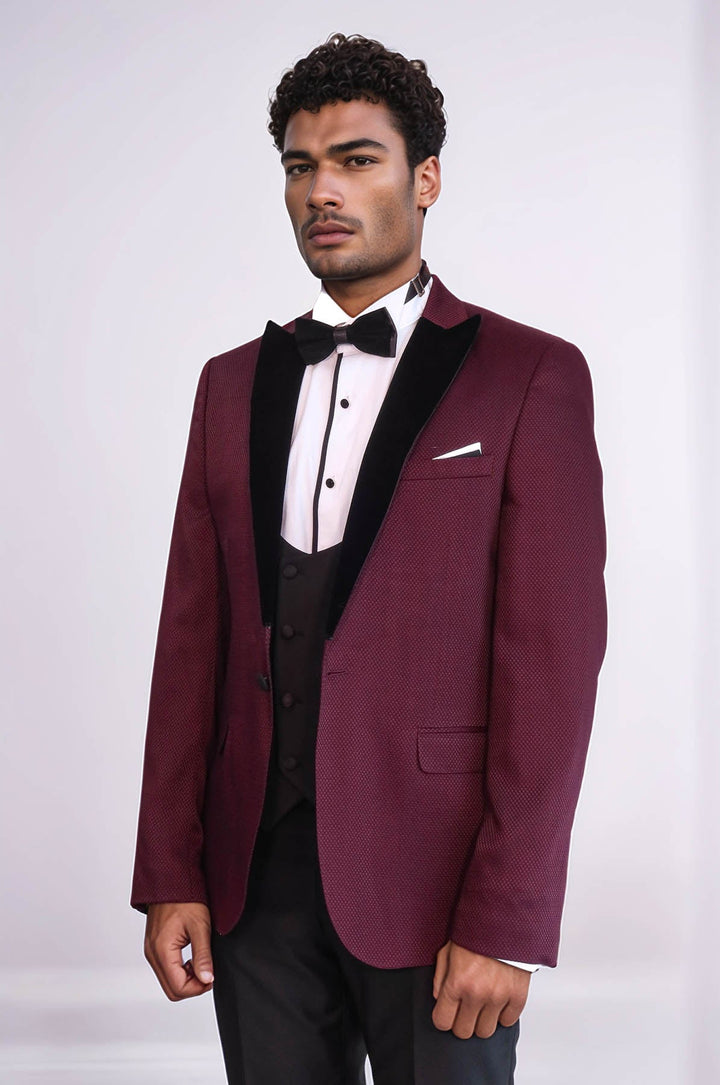 WSS Patterned Blazer Plain Vest and Trousers Claret Red Tuxedo  - Burke