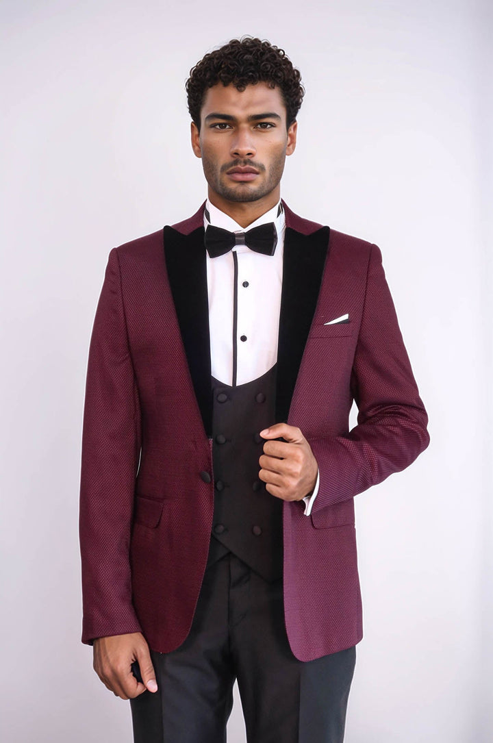 WSS Patterned Blazer Plain Vest and Trousers Claret Red Tuxedo  - Burke
