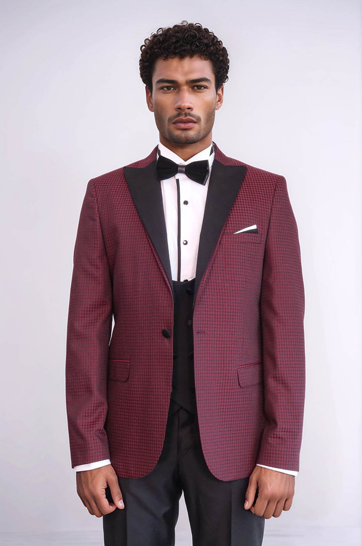 WSS Patterned Blazer Plain Vest and Trousers Claret Red Tuxedo  - Kendale Lakes