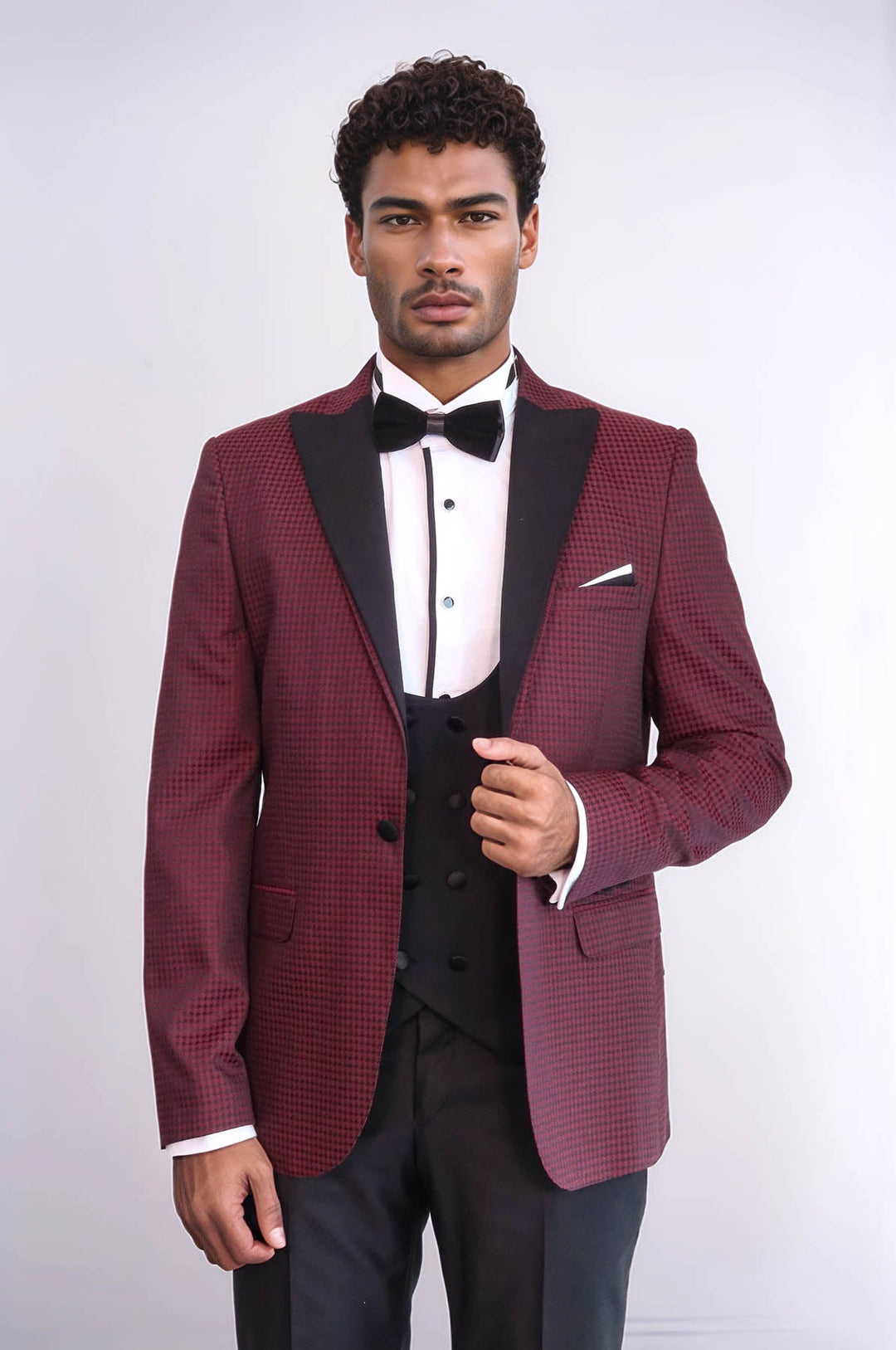 WSS Patterned Blazer Plain Vest and Trousers Claret Red Tuxedo  - Kendale Lakes