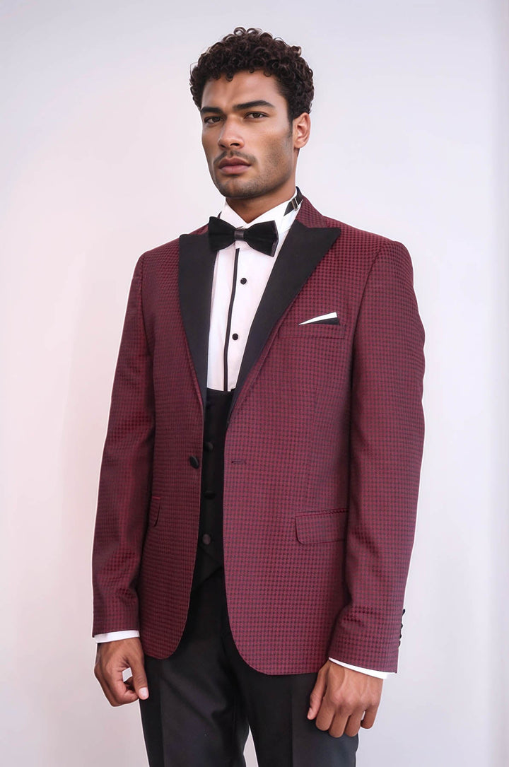 WSS Patterned Blazer Plain Vest and Trousers Claret Red Tuxedo  - Kendale Lakes