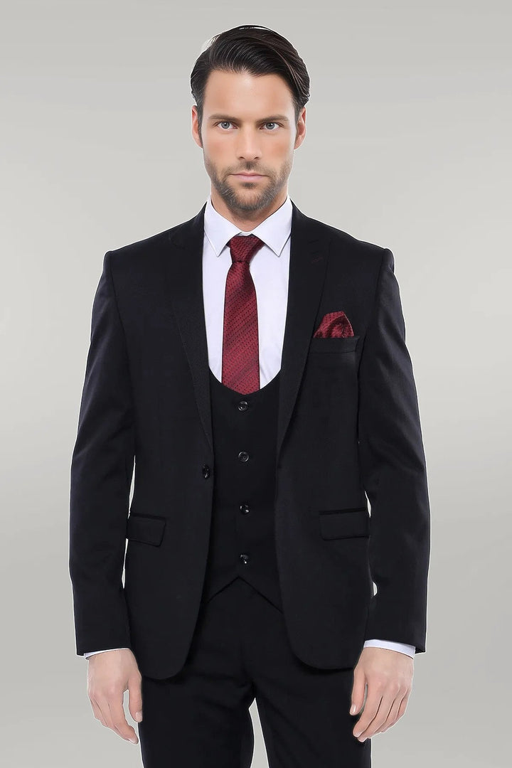 WSS Patterned Black Vested Suit  - Gouda