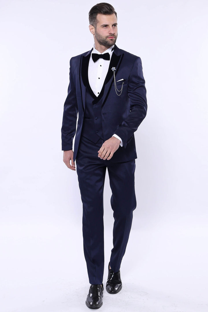 WSS Patterned Velvet Lapel Navy Tuxedo  - DeKalb