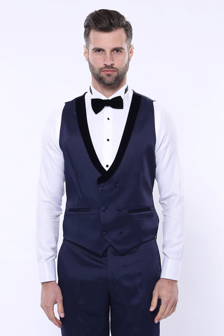 WSS Patterned Velvet Lapel Navy Tuxedo  - DeKalb