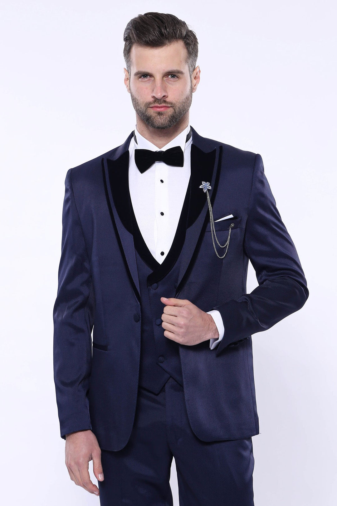 WSS Patterned Velvet Lapel Navy Tuxedo  - DeKalb