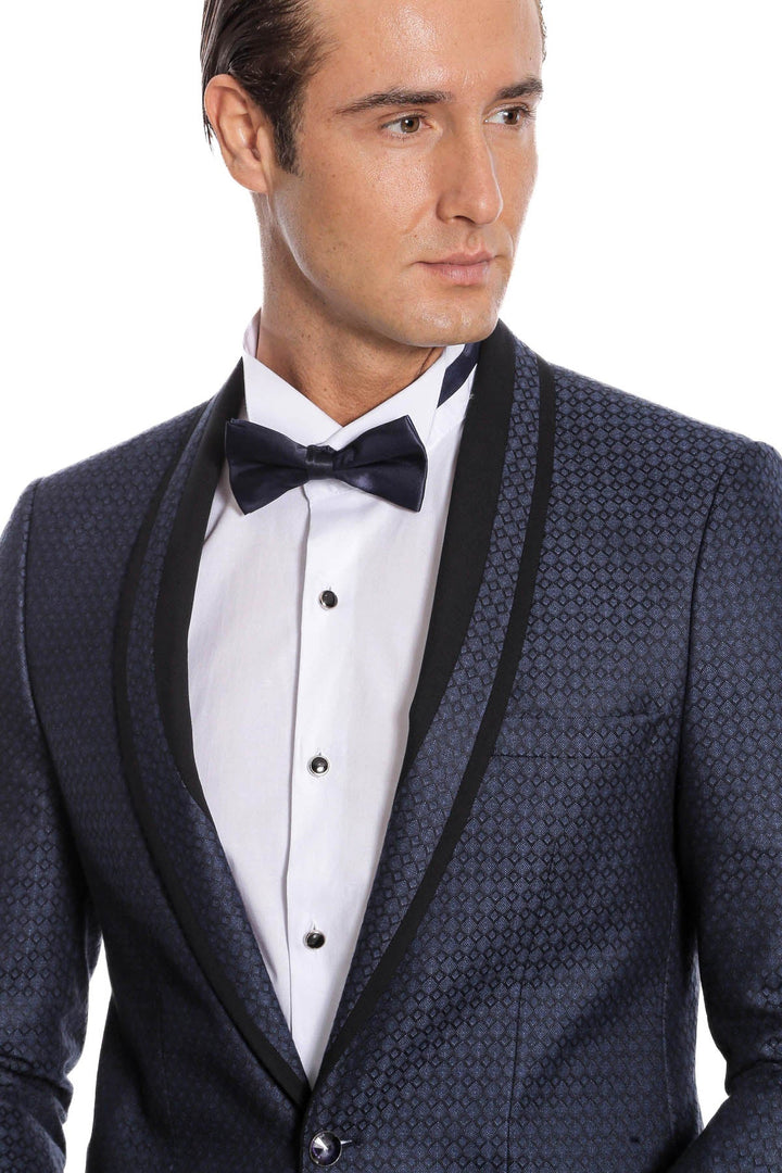 WSS Shawl Lapel Patterned Slim Fit Navy Blue Tuxedo  - Rimini