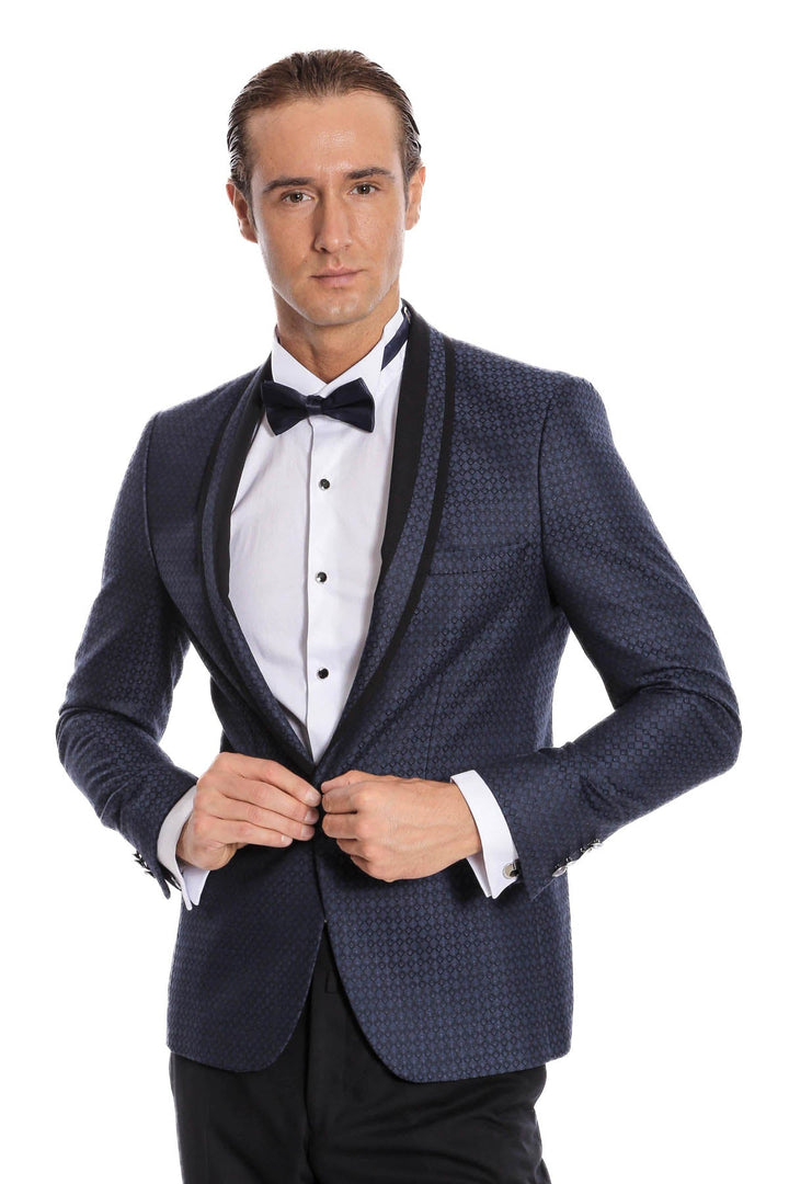 WSS Shawl Lapel Patterned Slim Fit Navy Blue Tuxedo  - Rimini