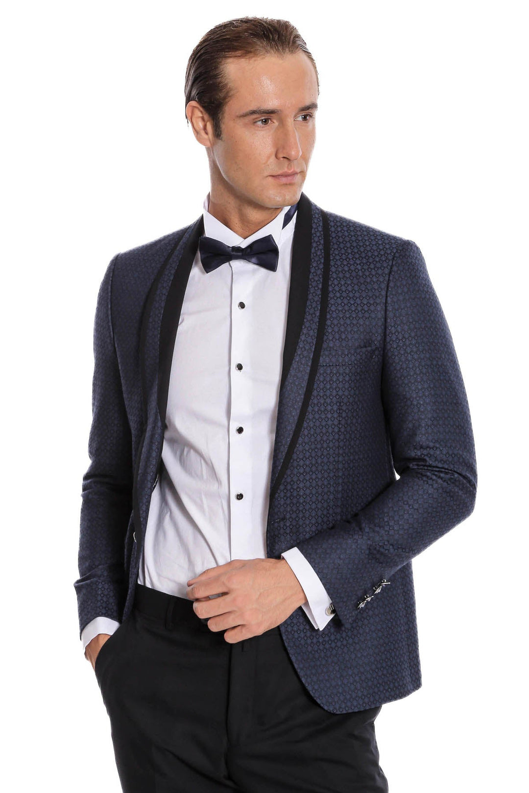 WSS Shawl Lapel Patterned Slim Fit Navy Blue Tuxedo  - Rimini