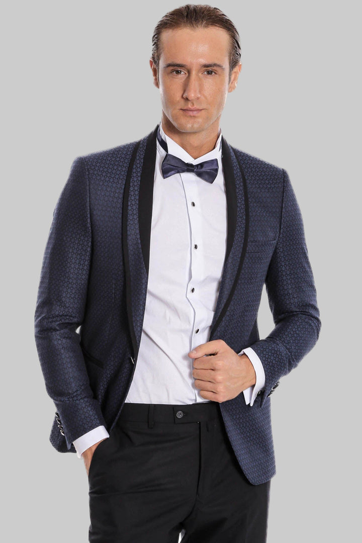 WSS Shawl Lapel Patterned Slim Fit Navy Blue Tuxedo  - Rimini