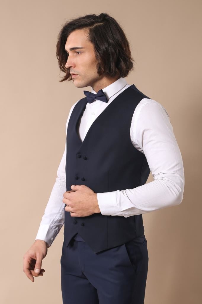 WSS Dot Patterned Vested Dark Blue Wedding Suit   - Bozeman