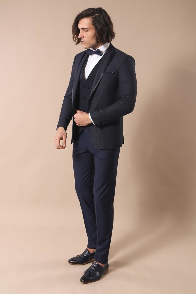 WSS Dot Patterned Vested Dark Blue Wedding Suit   - Bozeman