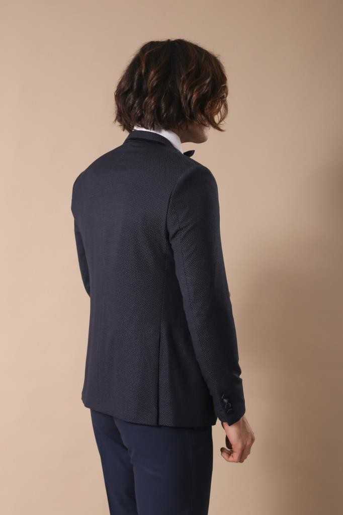 WSS Dot Patterned Vested Dark Blue Wedding Suit   - Bozeman