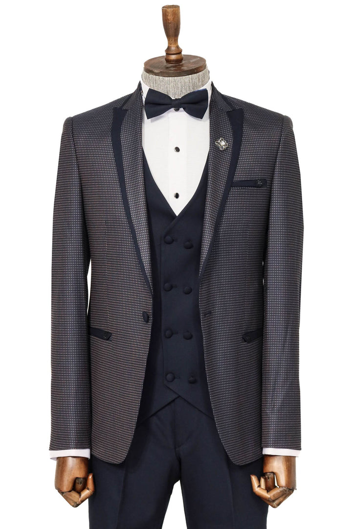 WSS Dot Patterned Vested Navy Blue Wedding Suit   - Messina