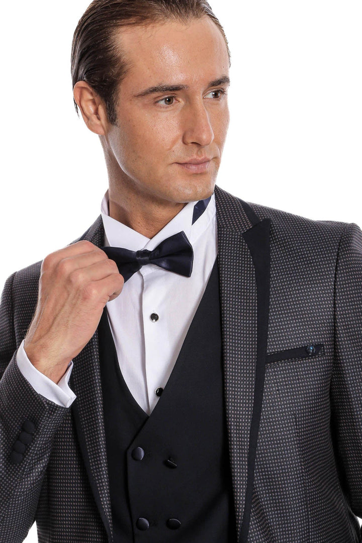 WSS Dot Patterned Vested Navy Blue Wedding Suit   - Messina