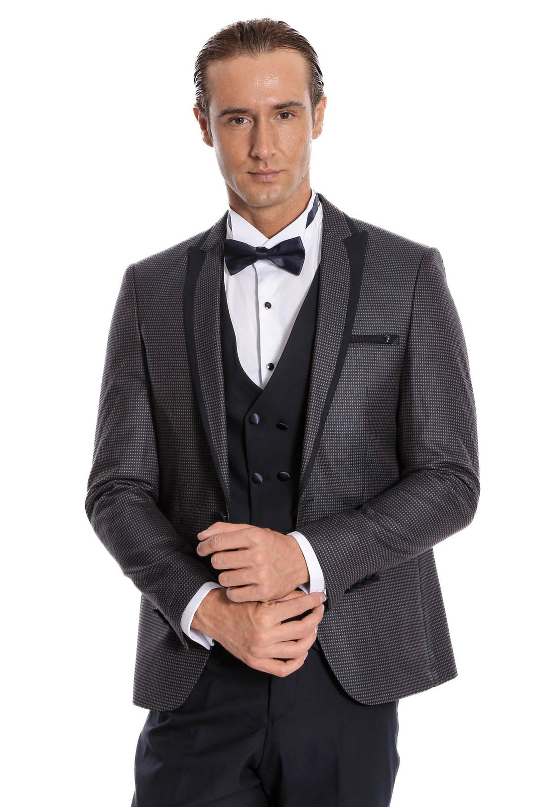 WSS Dot Patterned Vested Navy Blue Wedding Suit   - Messina