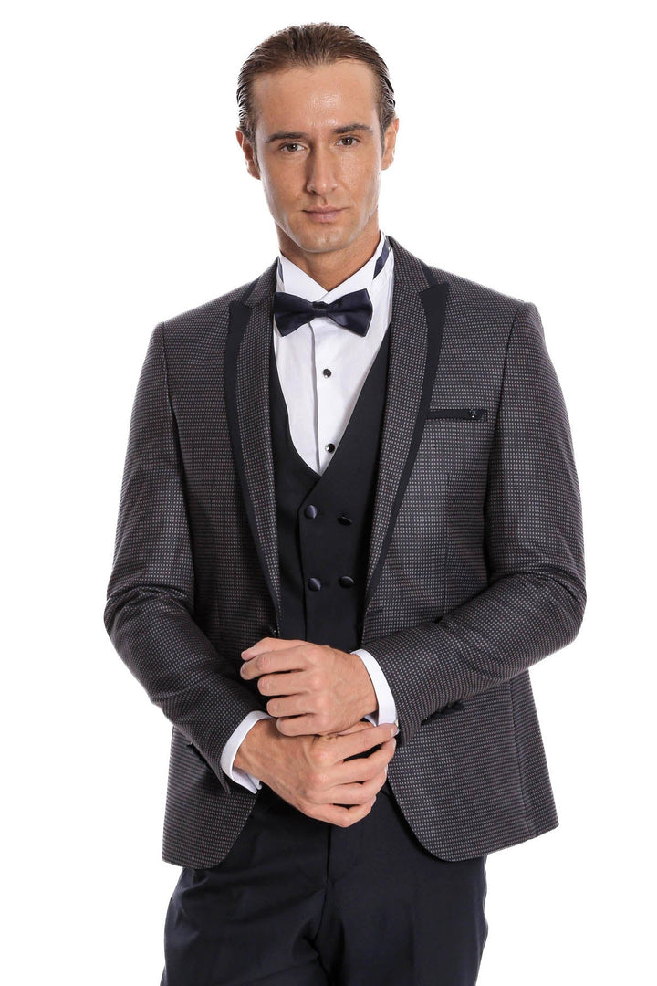 WSS Dot Patterned Vested Navy Blue Wedding Suit   - Messina