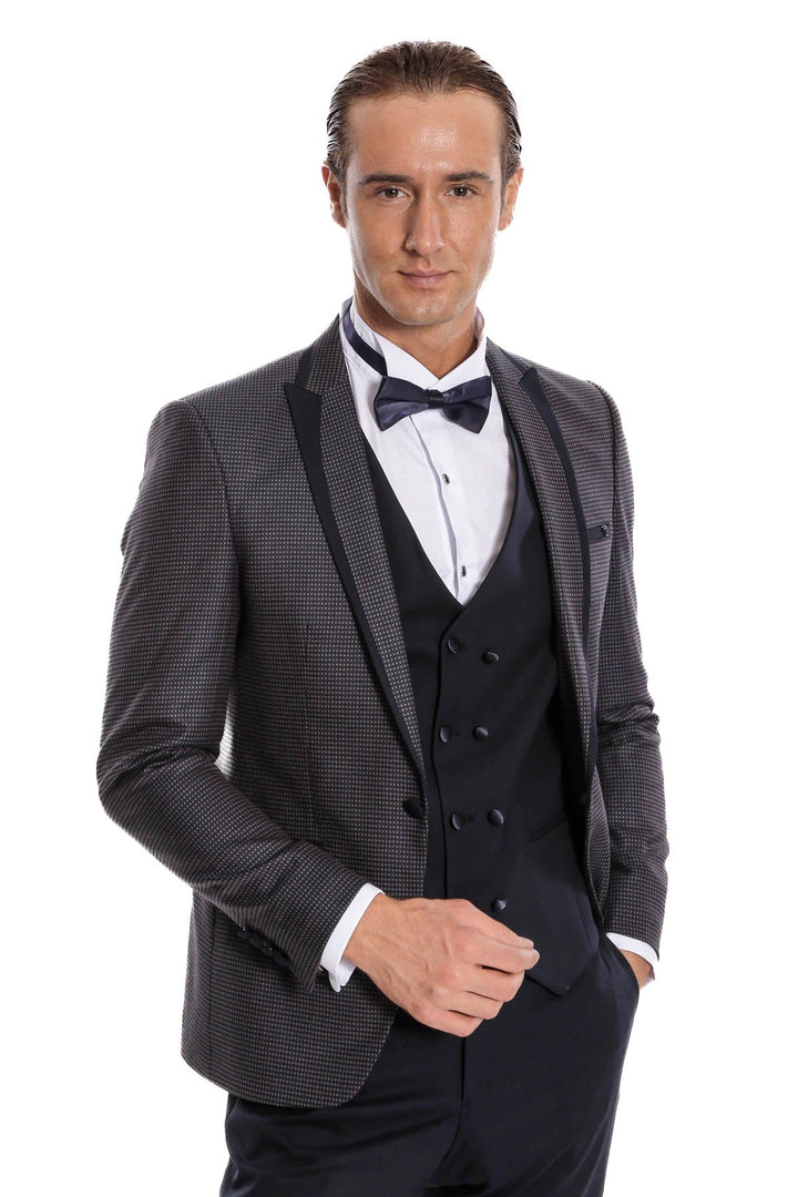 WSS Dot Patterned Vested Navy Blue Wedding Suit   - Messina