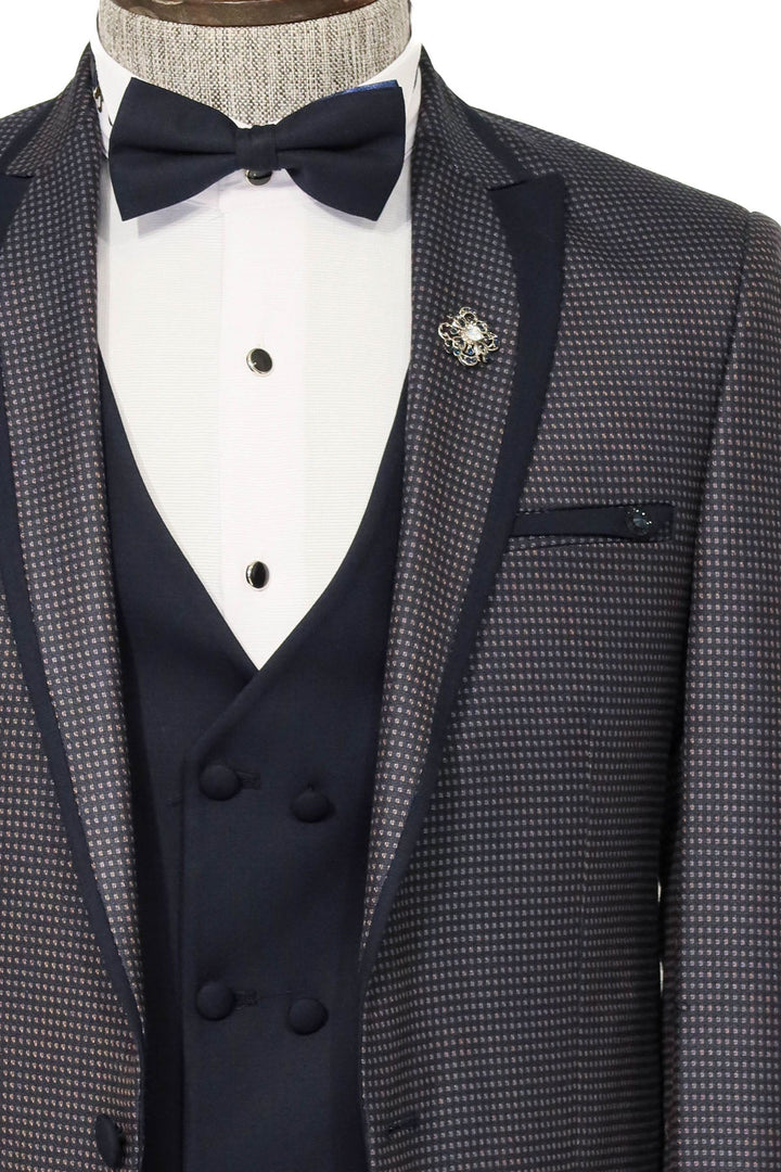 WSS Dot Patterned Vested Navy Blue Wedding Suit   - Messina