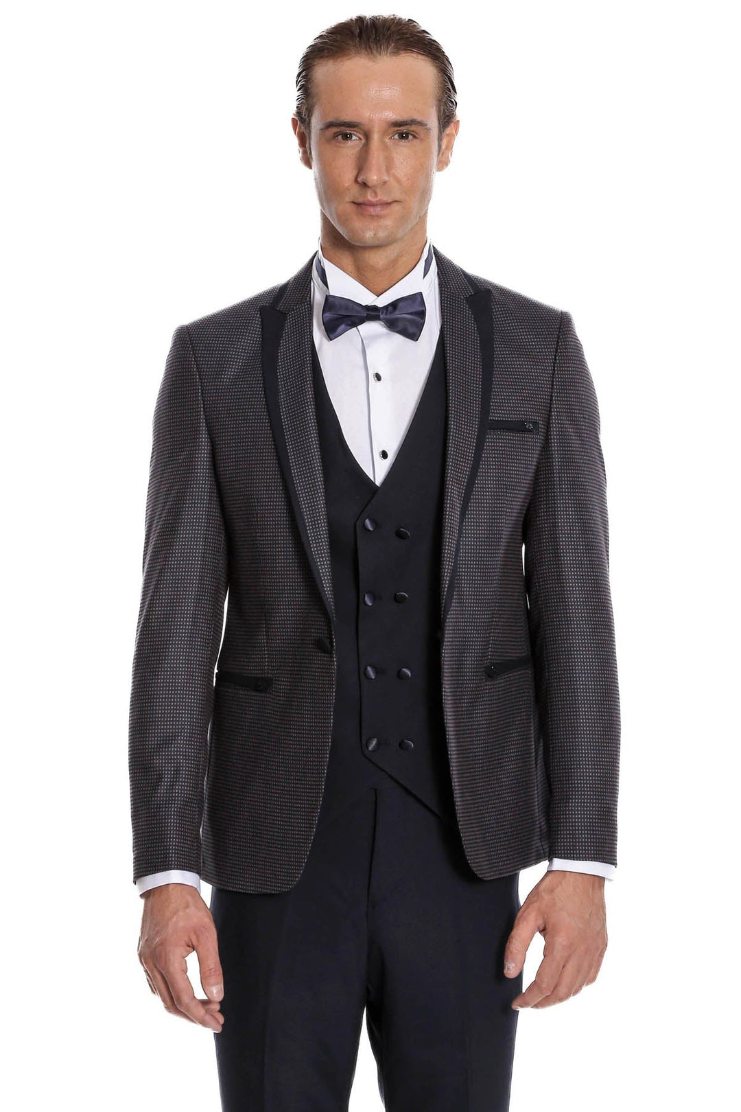 WSS Dot Patterned Vested Navy Blue Wedding Suit   - Messina