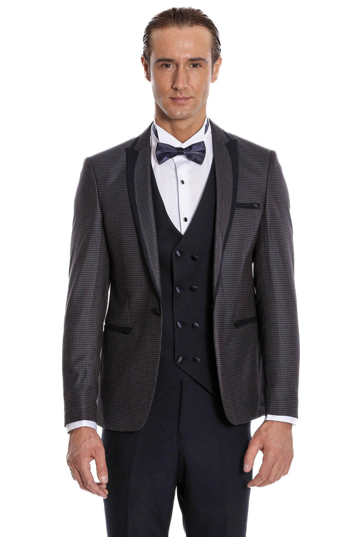 WSS Dot Patterned Vested Navy Blue Wedding Suit   - Messina