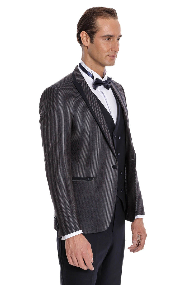 WSS Dot Patterned Vested Navy Blue Wedding Suit   - Messina