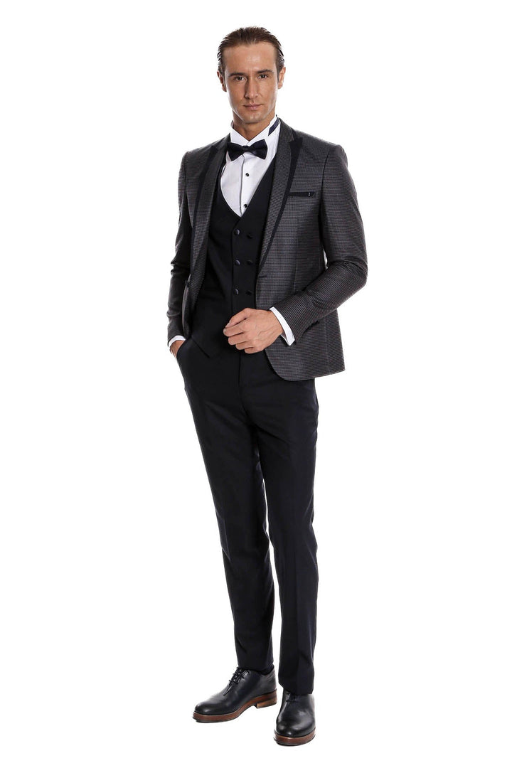 WSS Dot Patterned Vested Navy Blue Wedding Suit   - Messina