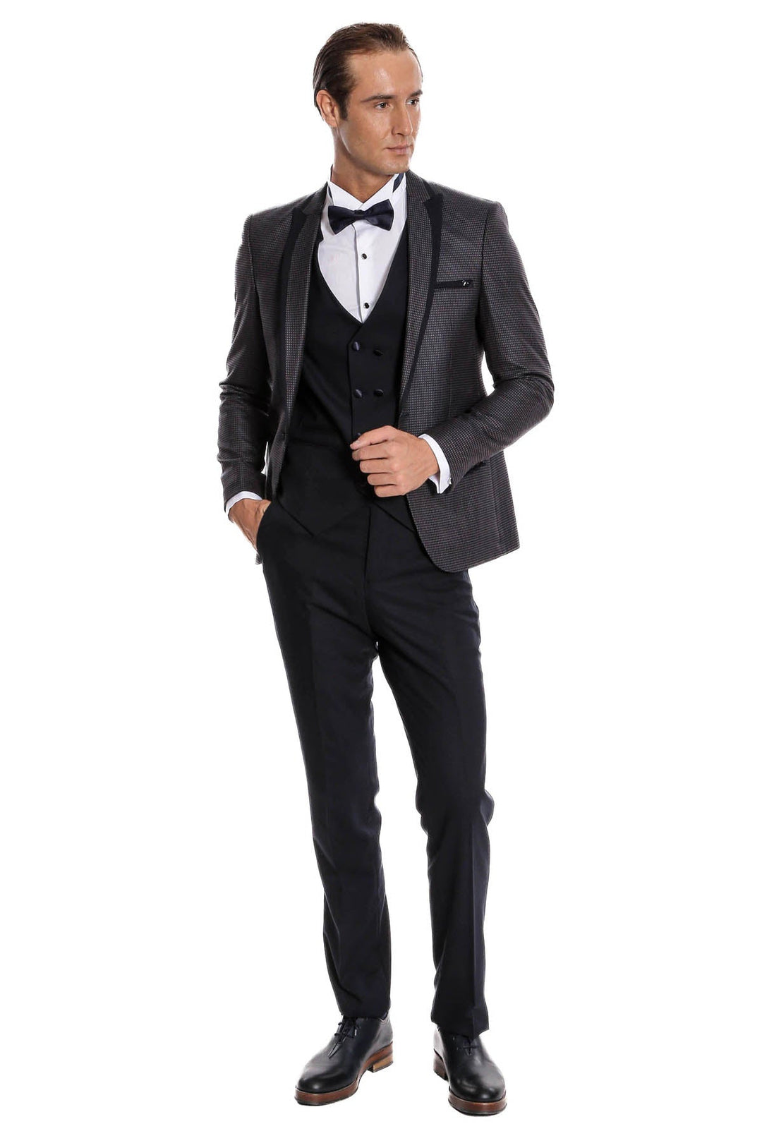WSS Dot Patterned Vested Navy Blue Wedding Suit   - Messina