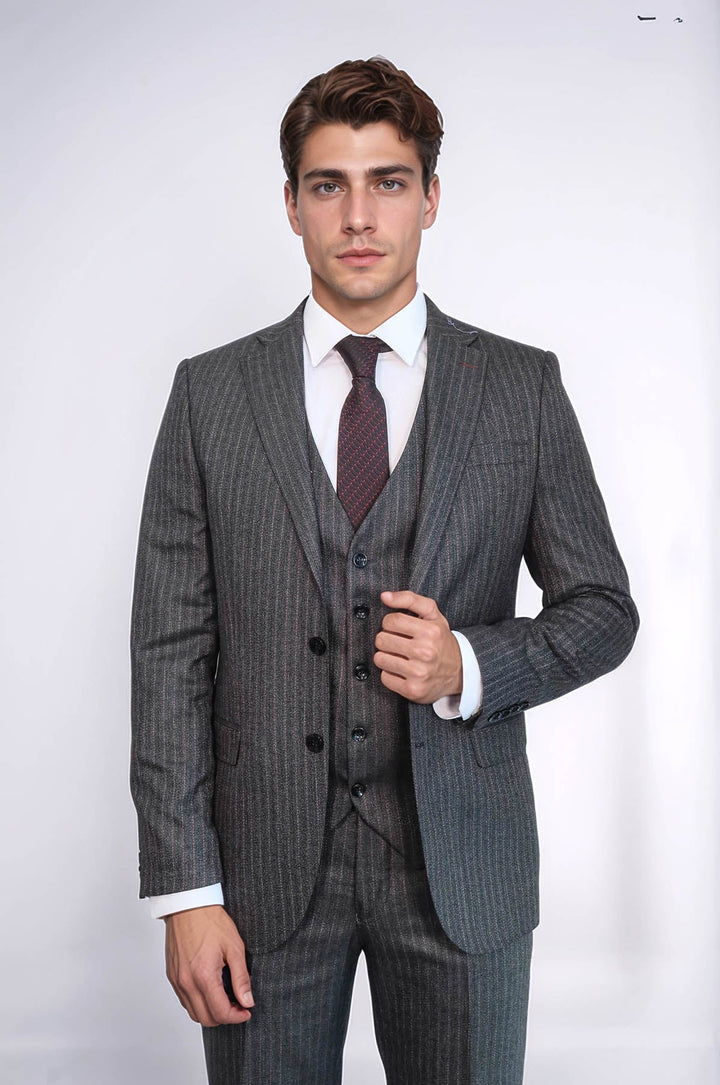 WSS Striped Black Vested Suit  - Kempten