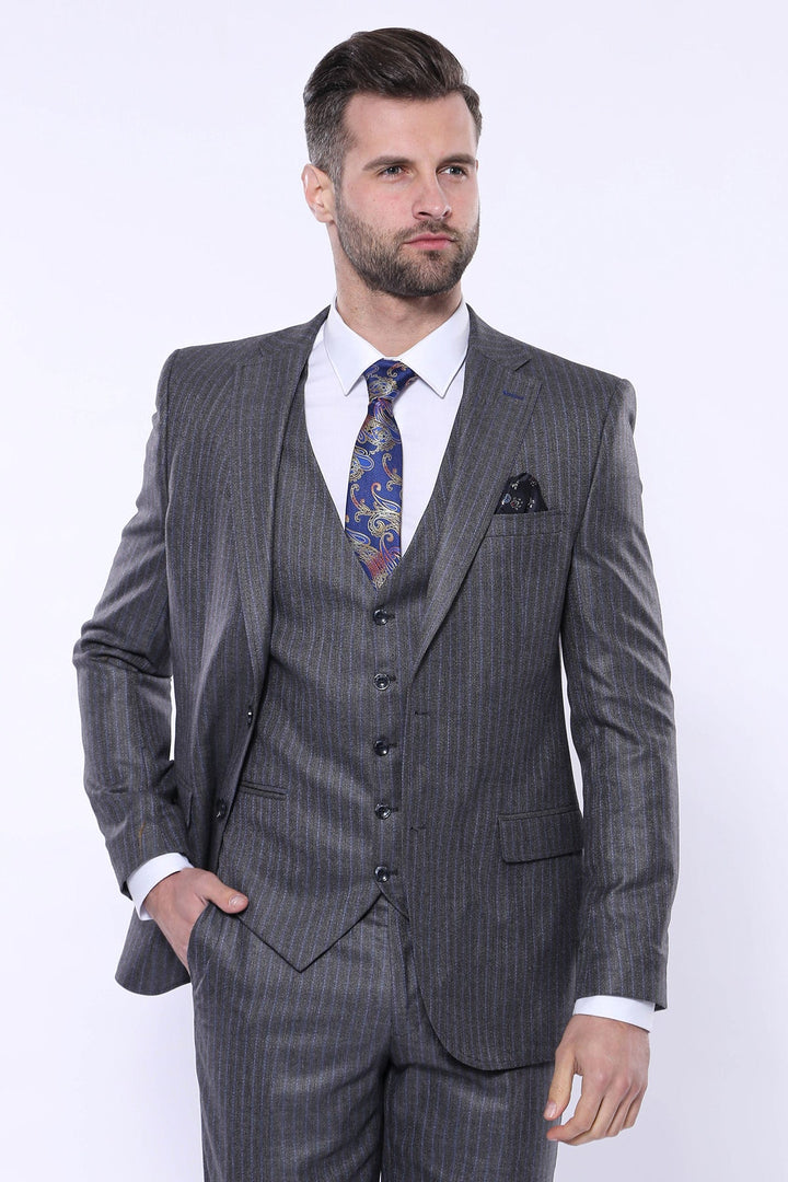 WSS Striped Grey Vested Suit   - Dover