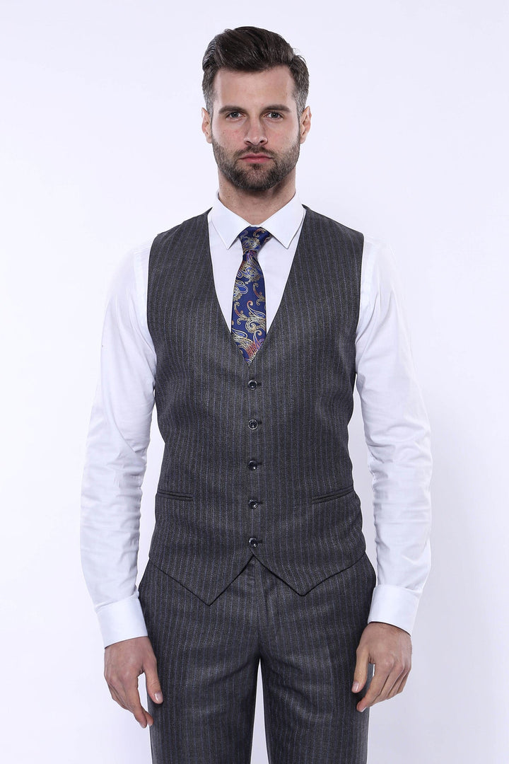 WSS Striped Grey Vested Suit   - Dover