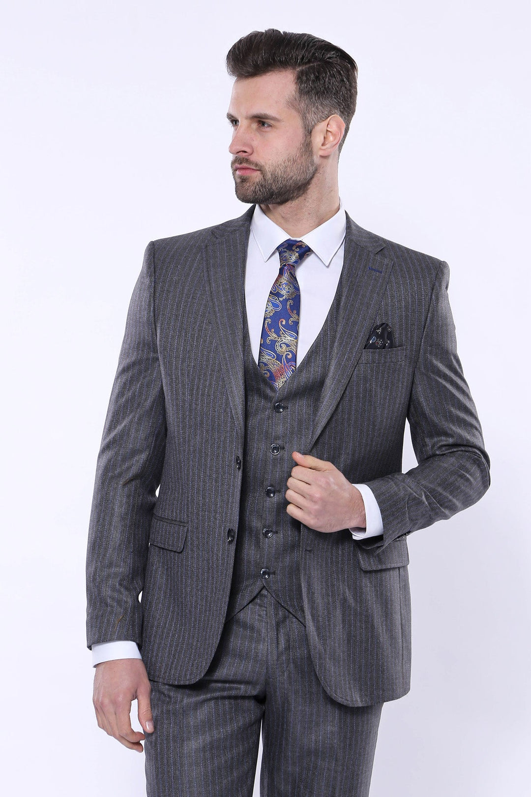 WSS Striped Grey Vested Suit   - Dover