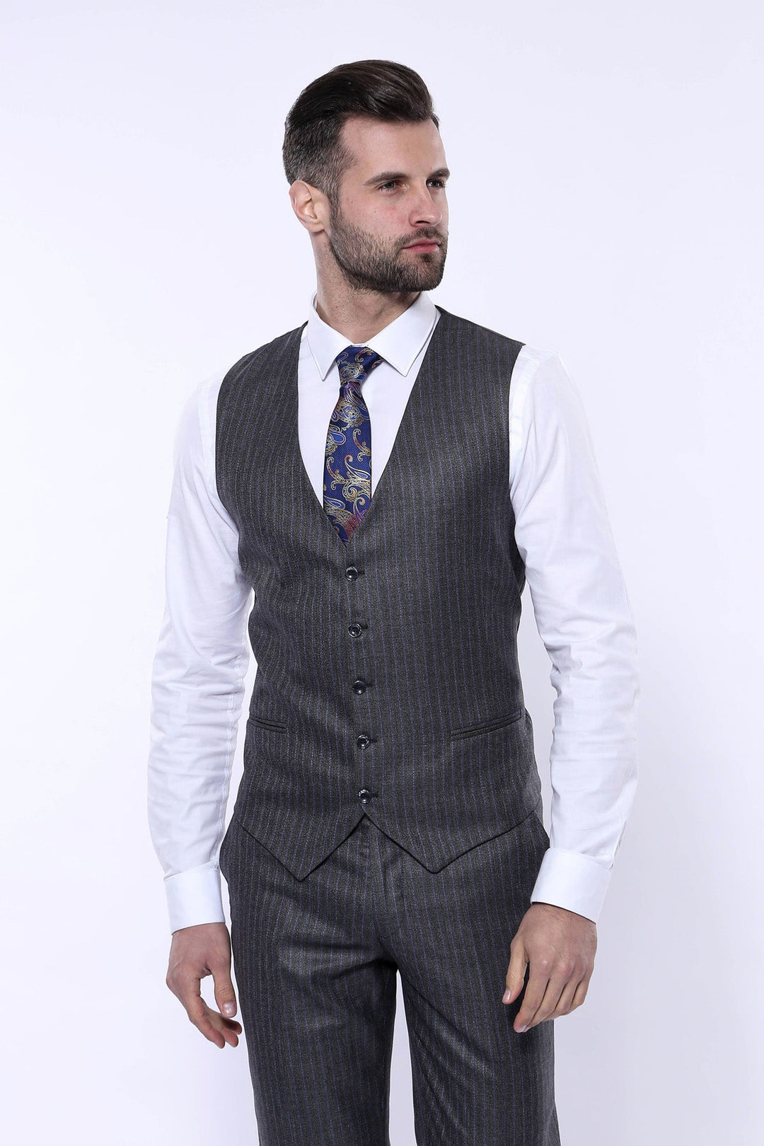 WSS Striped Grey Vested Suit   - Dover
