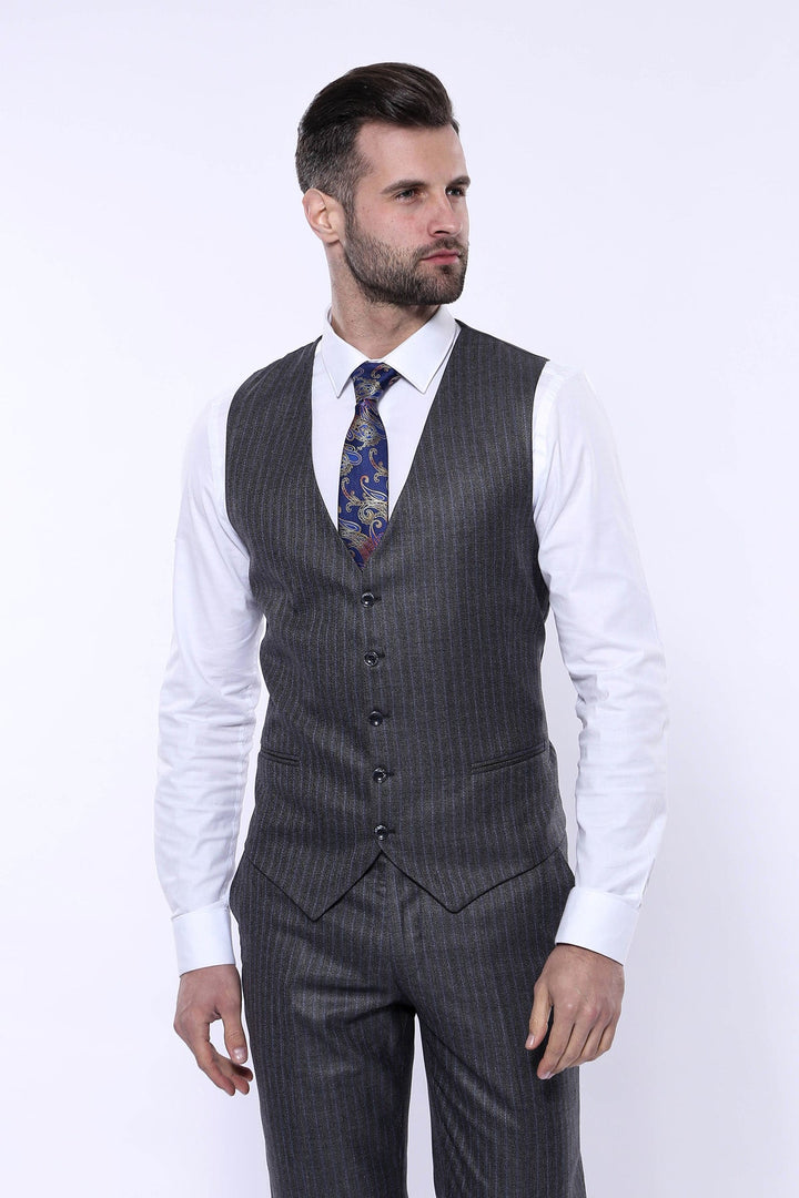 WSS Striped Grey Vested Suit   - Dover