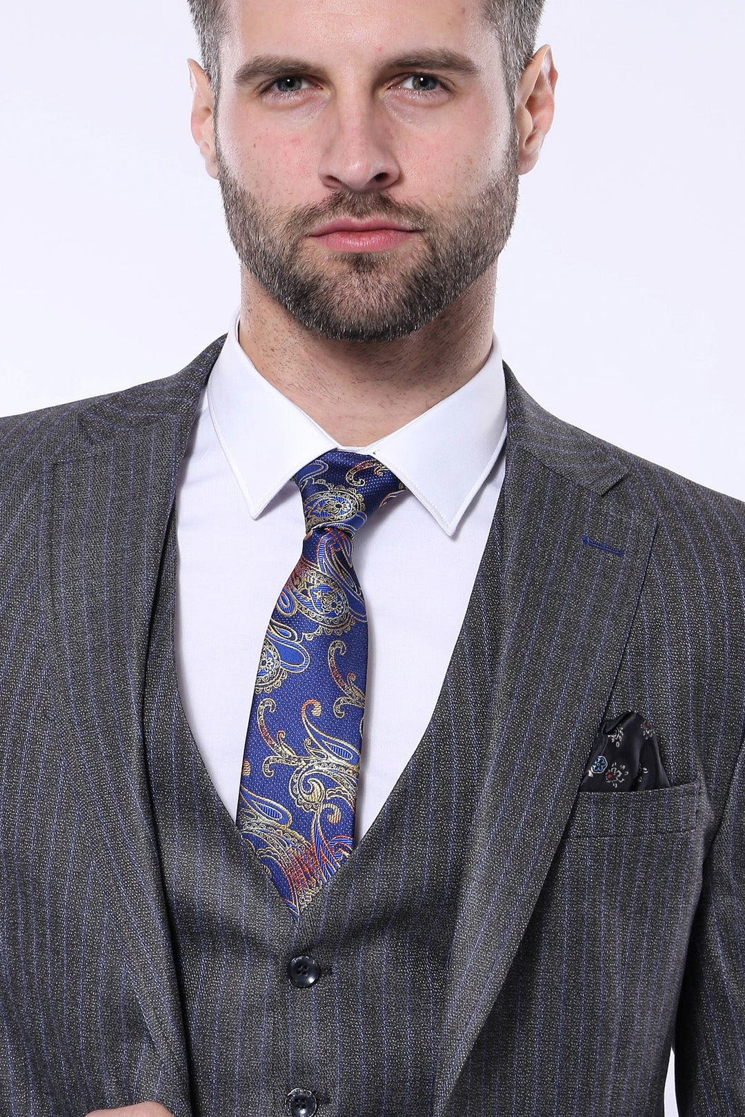 WSS Striped Grey Vested Suit   - Dover