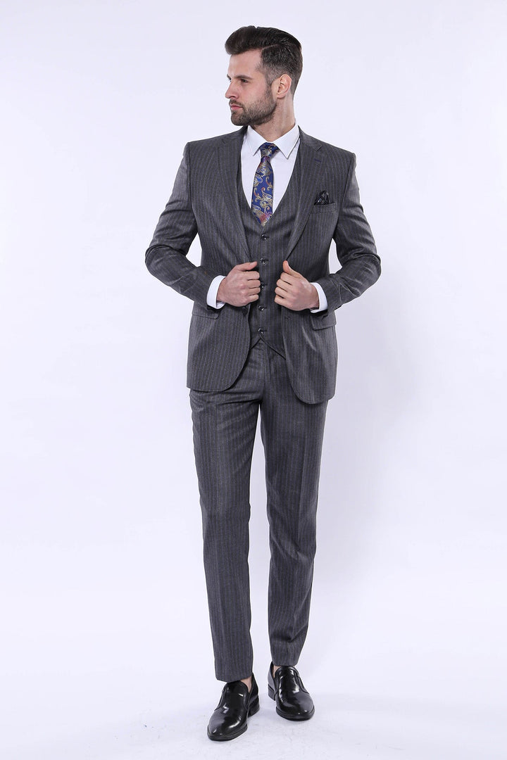 WSS Striped Grey Vested Suit   - Dover