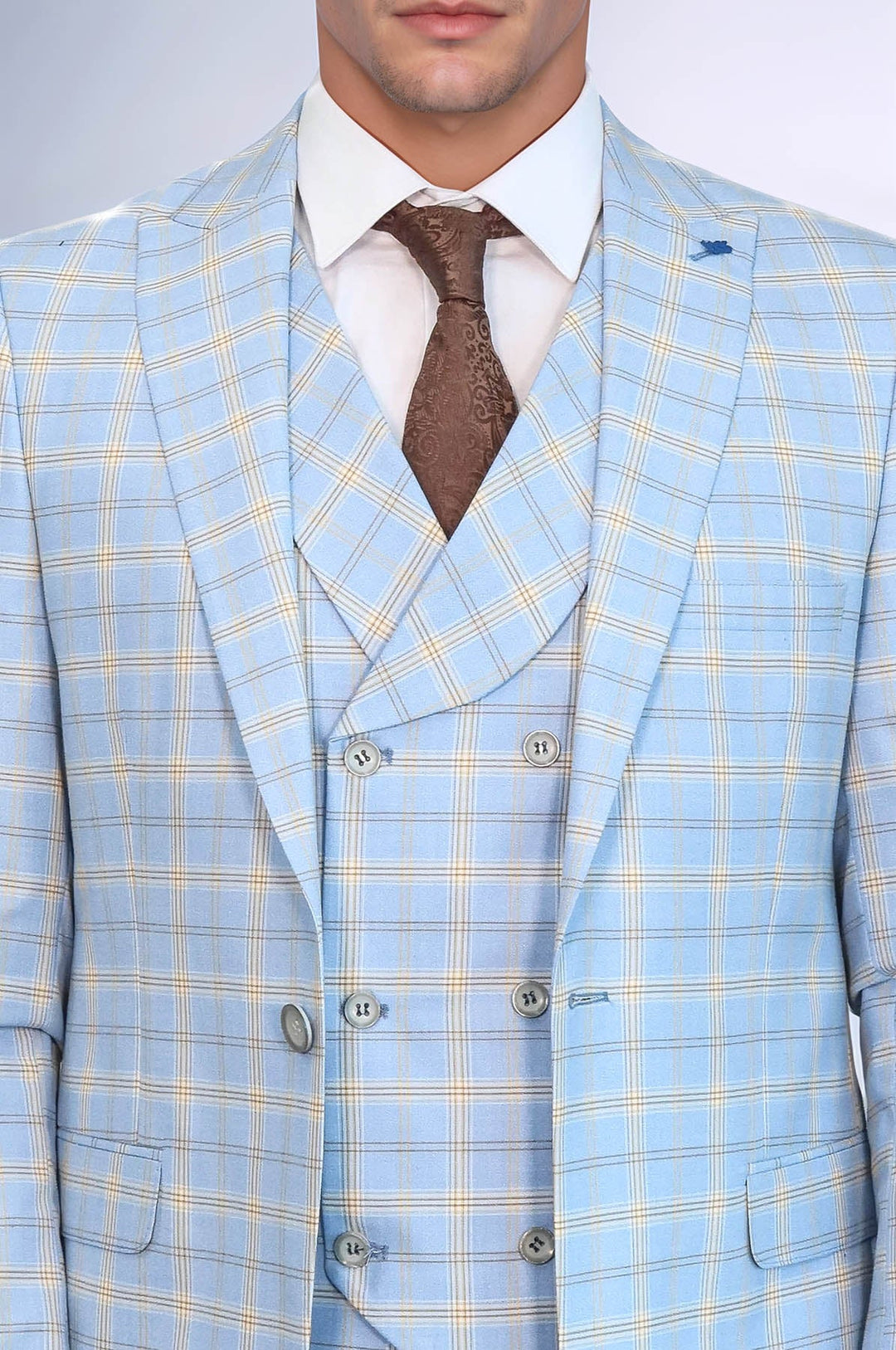 WSS Baby Blue Checked Three Pieces Of Suit  - Geneva