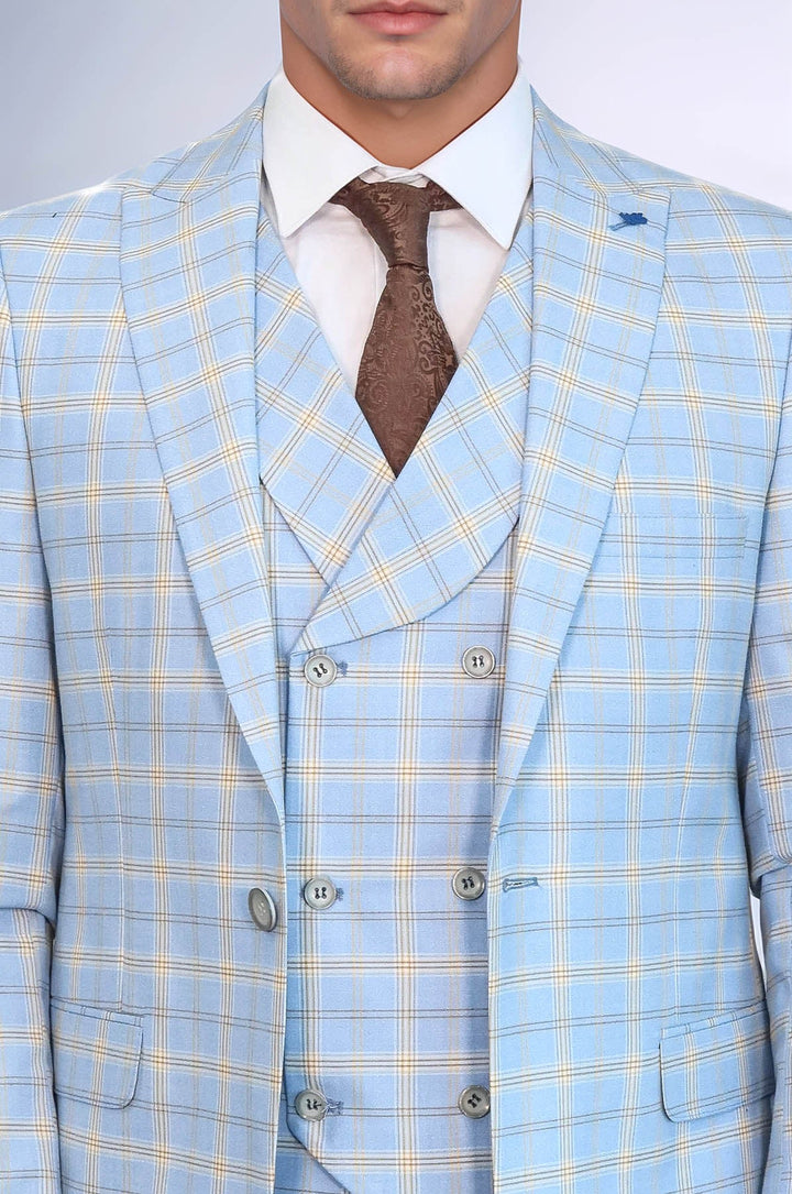 WSS Baby Blue Checked Three Pieces Of Suit  - Geneva