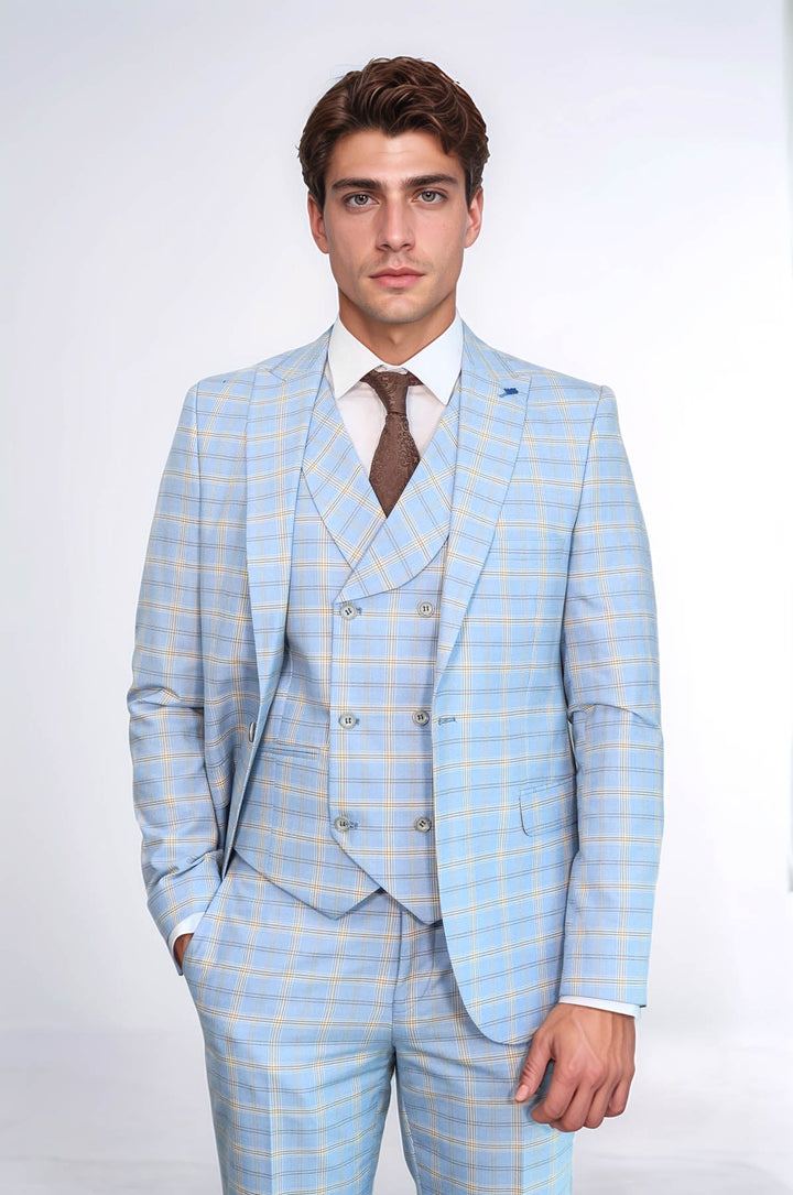 WSS Baby Blue Checked Three Pieces Of Suit  - Geneva