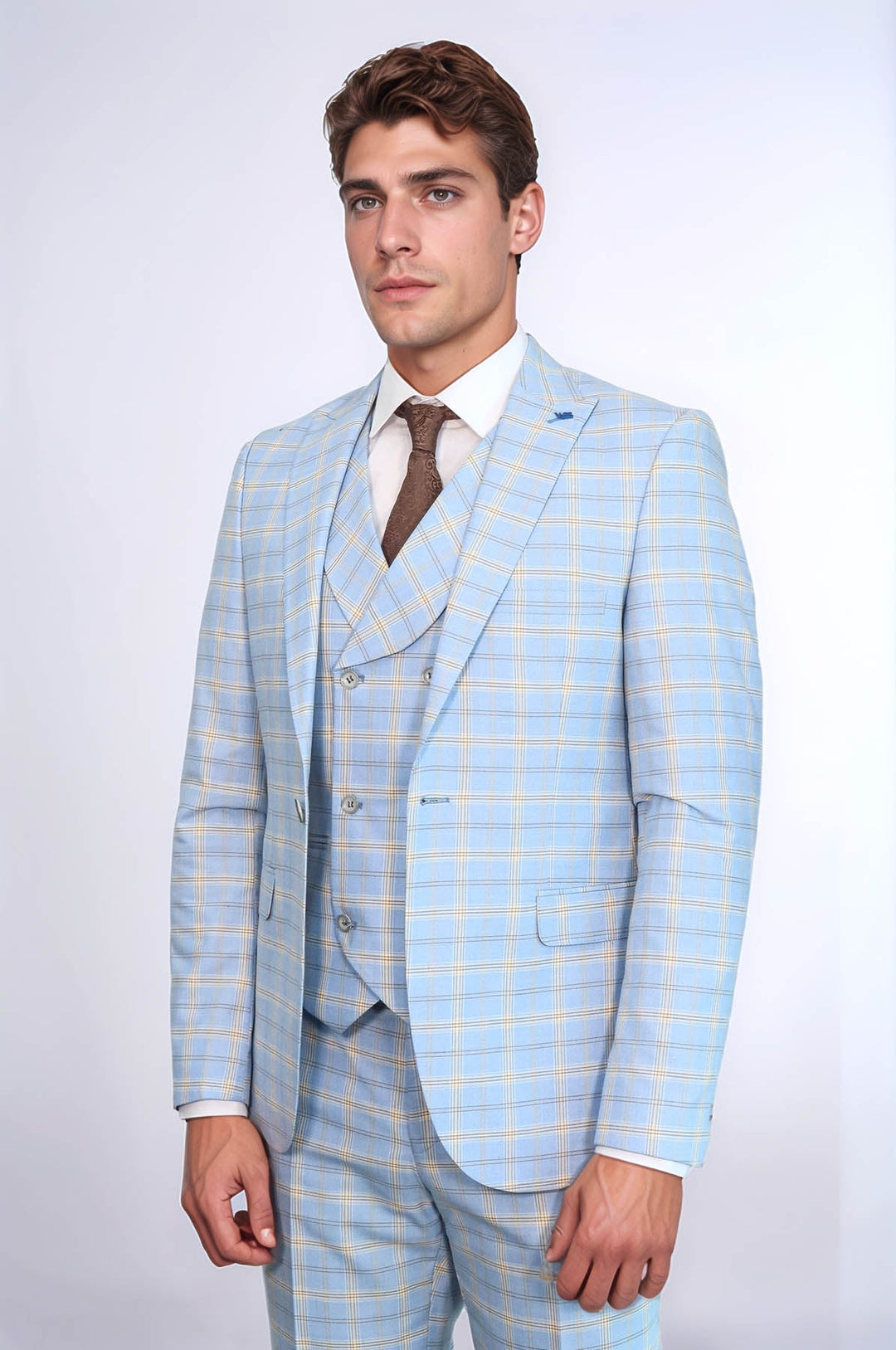 WSS Baby Blue Checked Three Pieces Of Suit  - Geneva