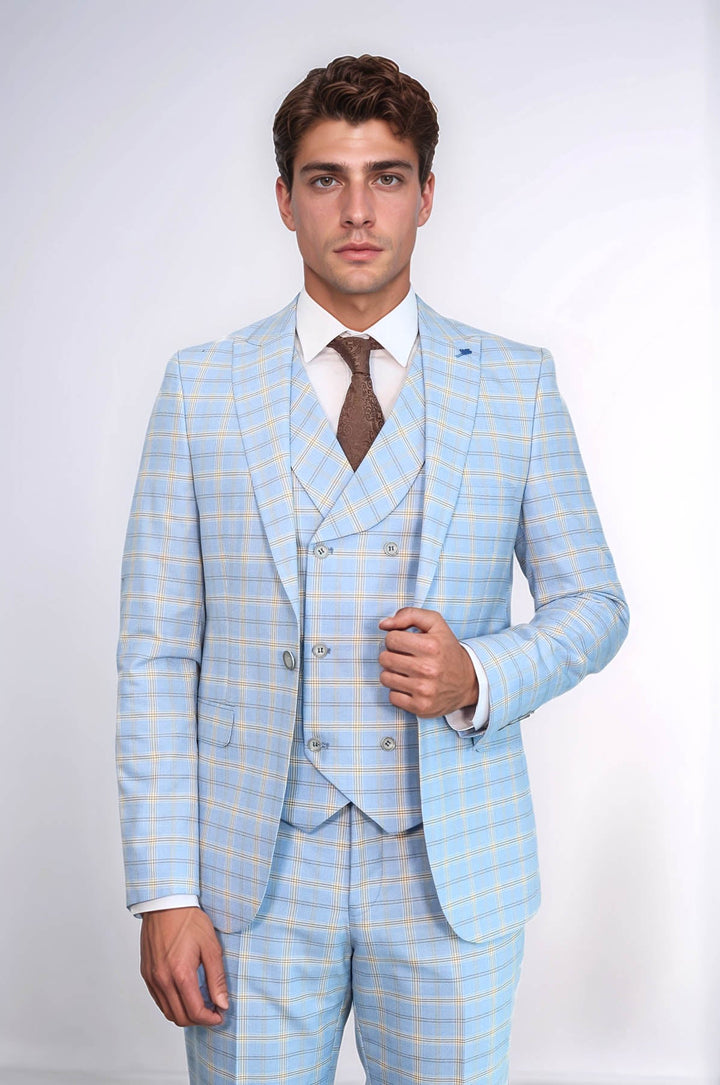 WSS Baby Blue Checked Three Pieces Of Suit  - Geneva