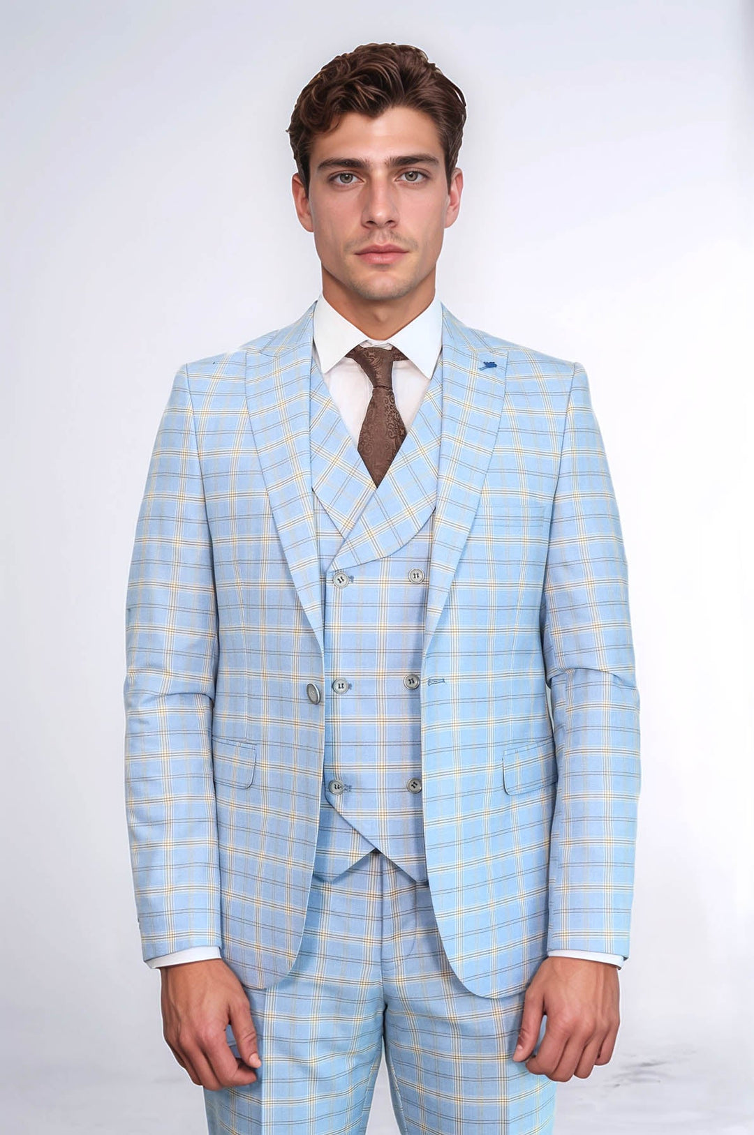 WSS Baby Blue Checked Three Pieces Of Suit  - Geneva