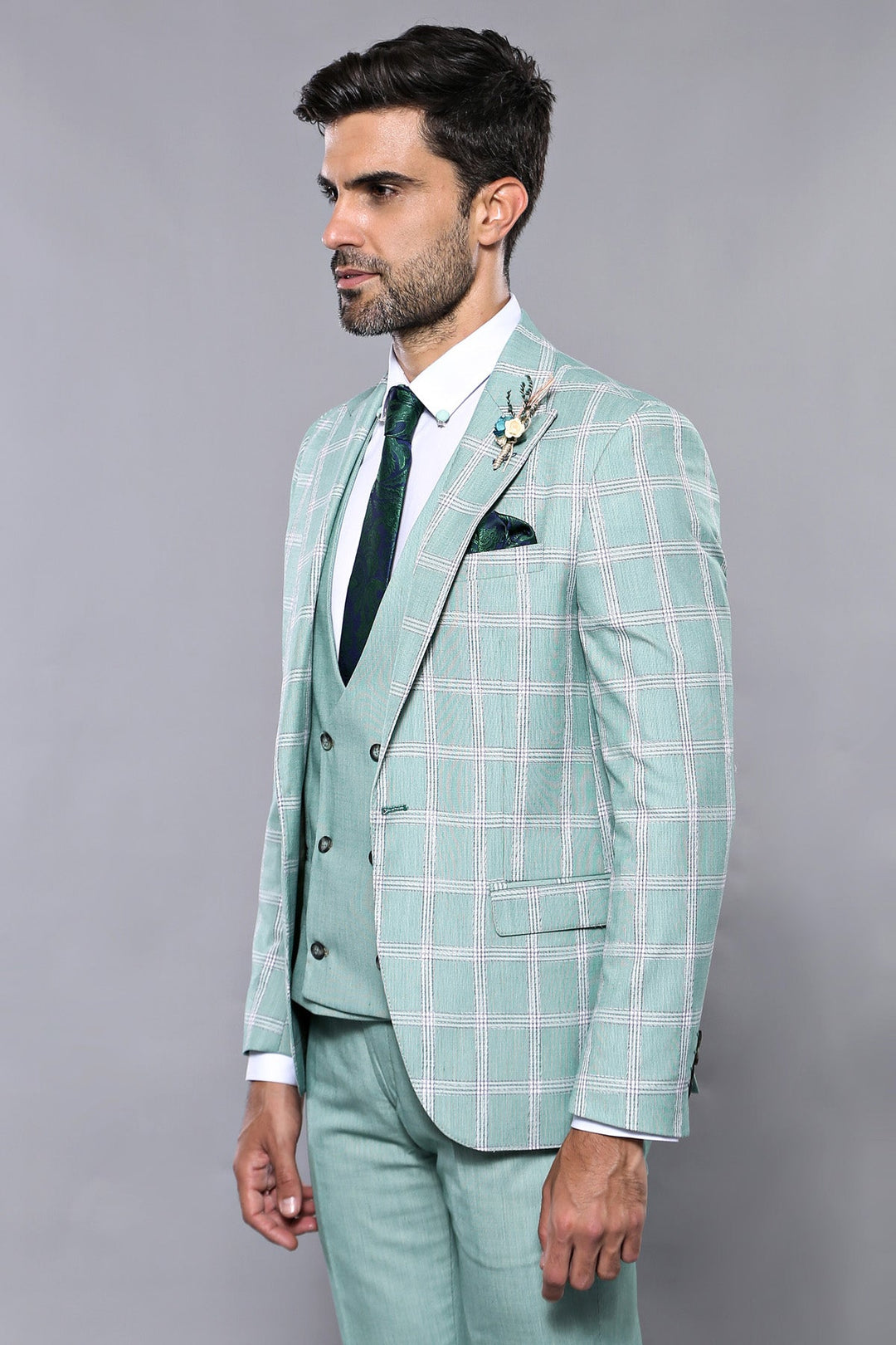 WSS Checked Light Green Vested Suit  - Camden