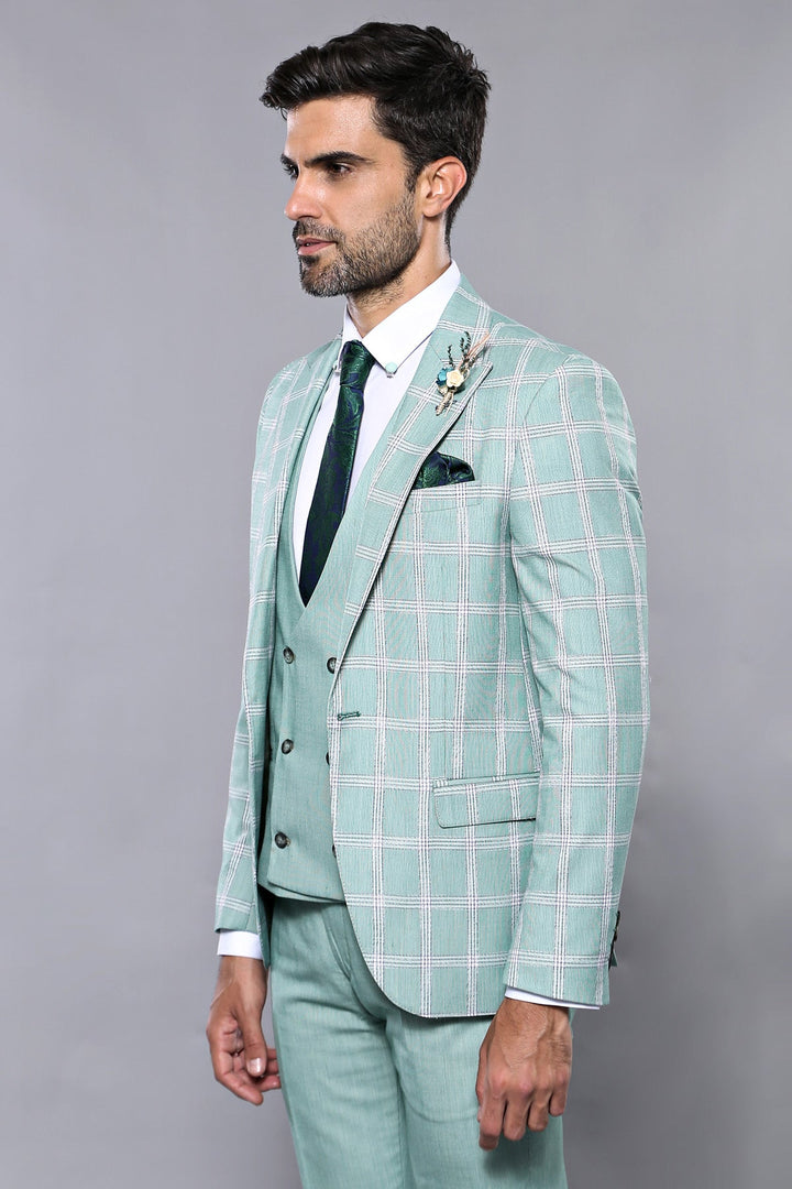 WSS Checked Light Green Vested Suit  - Camden