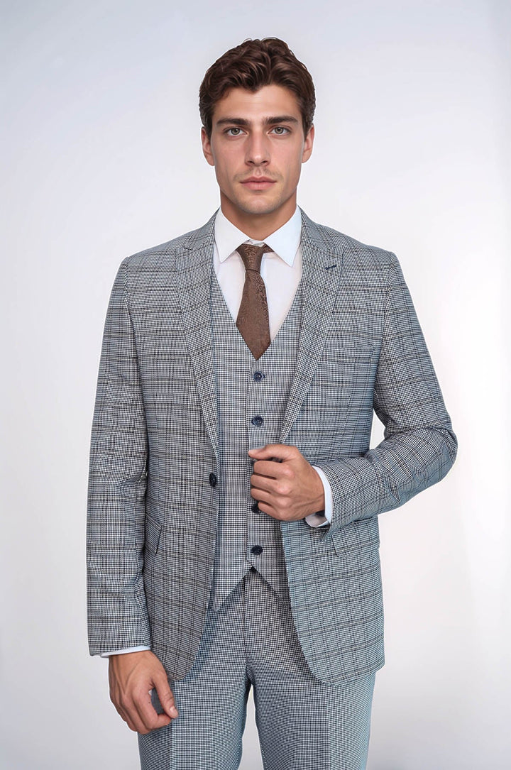 WSS Plaid Slim-Fit Light Blue Men Suit  - Mobile