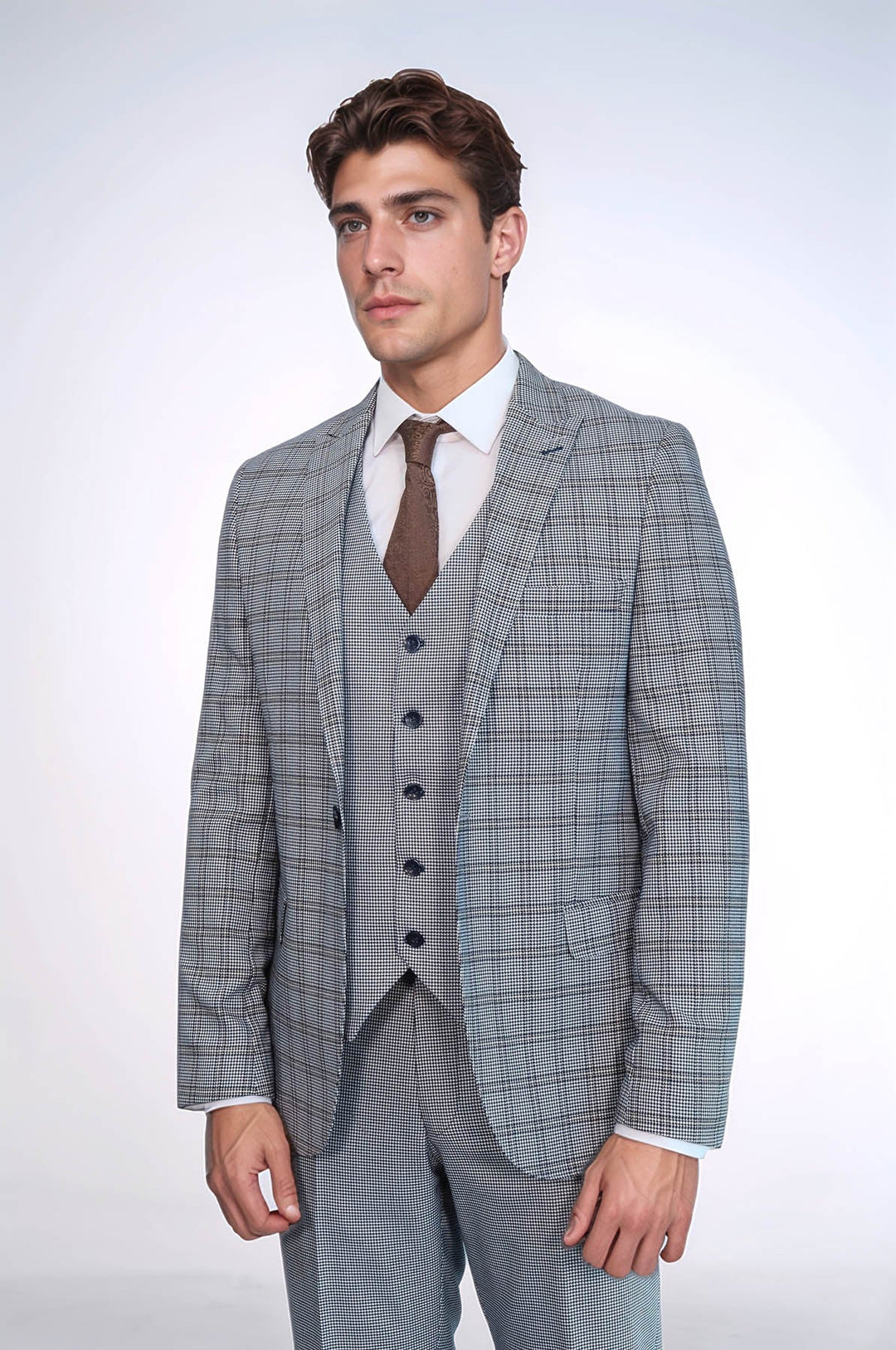 WSS Plaid Slim-Fit Light Blue Men Suit  - Mobile