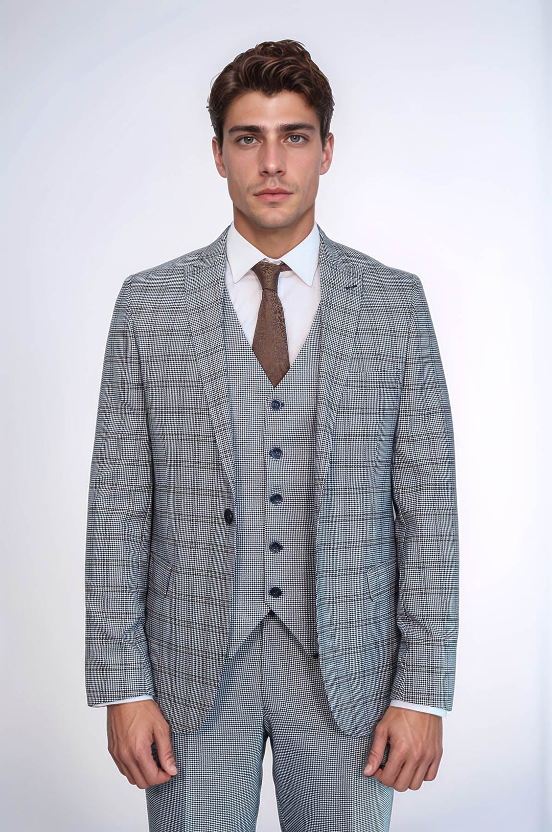 WSS Plaid Slim-Fit Light Blue Men Suit  - Mobile