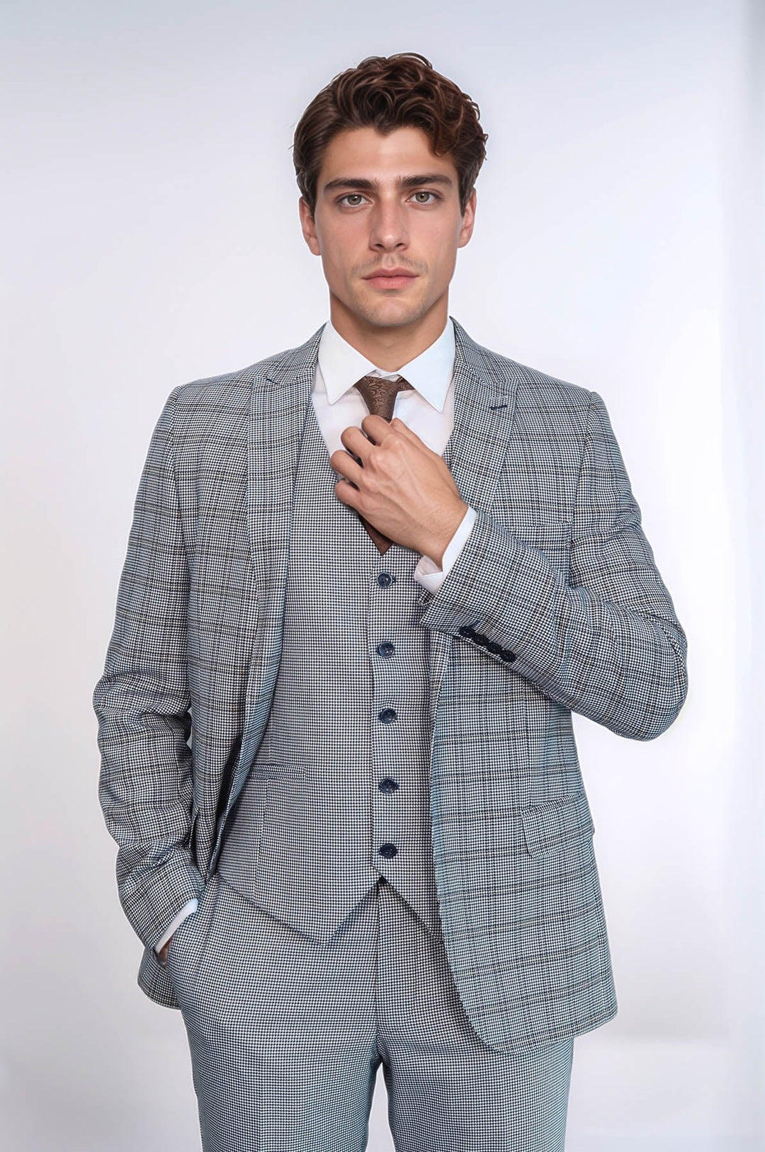 WSS Plaid Slim-Fit Light Blue Men Suit  - Mobile
