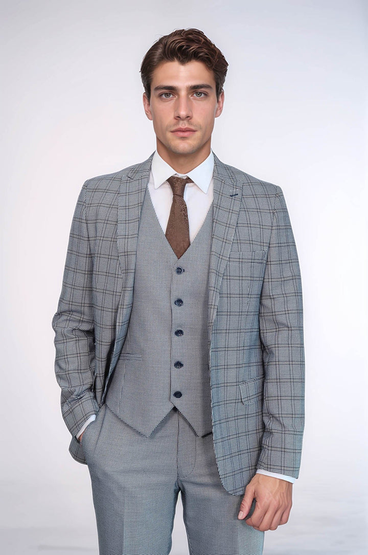 WSS Plaid Slim-Fit Light Blue Men Suit  - Mobile